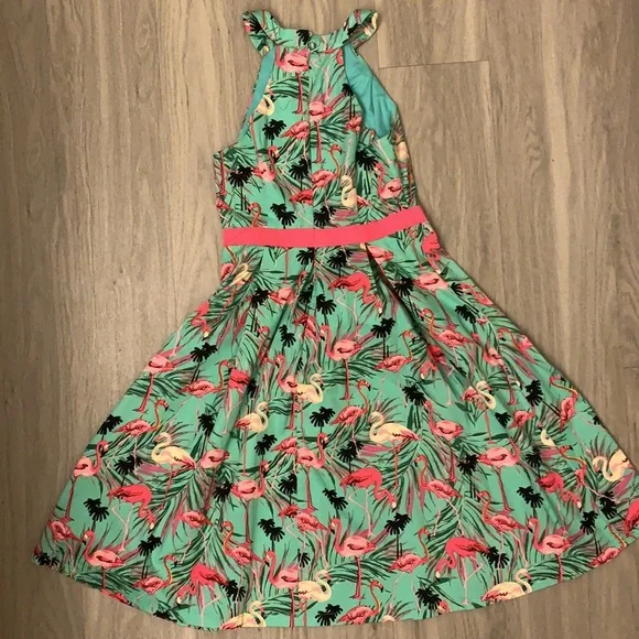 Lindy Bop green flamingo cotton swing dress - Picture 3 of 11